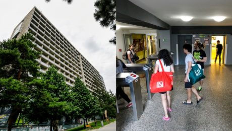 Na snímke exteriér najväčších slovenských internátov Mlyny UK v Bratislave a študenti s taškami na internáte.