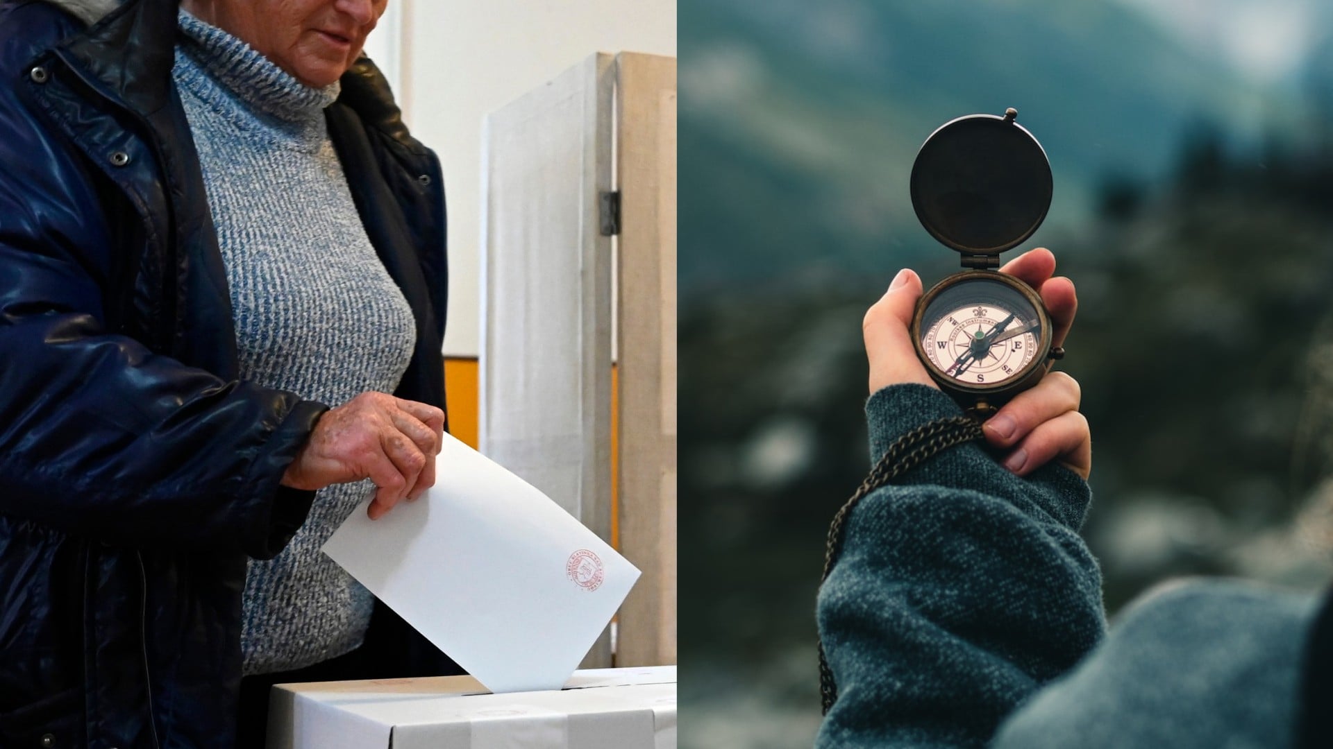 Na snímke volička hlasuje vo voľbách a ruka s kompasom.