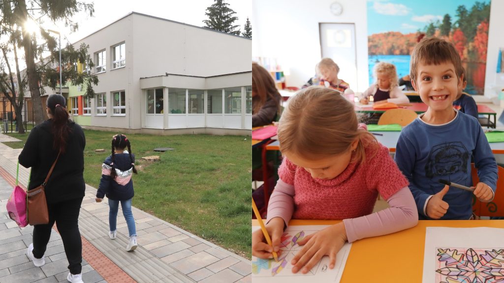 Žena sprevádza dievča na ceste do školy a malí školáci