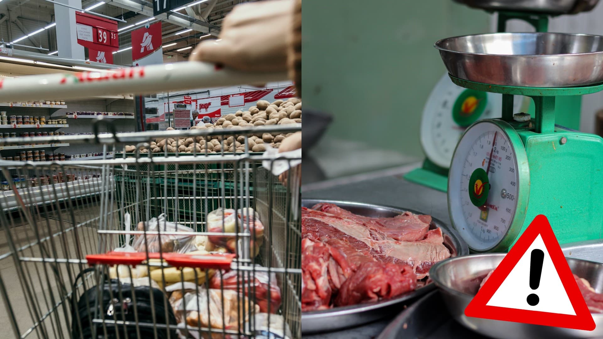 Nákupný košík v potravinách a potravinárska váha, pri ktorej je položené surové mäso.