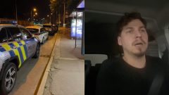 Policajné autá a Kristián Dufinec rozpráva v aute