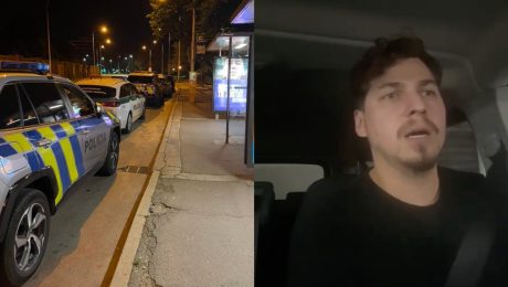 Policajné autá a Kristián Dufinec rozpráva v aute