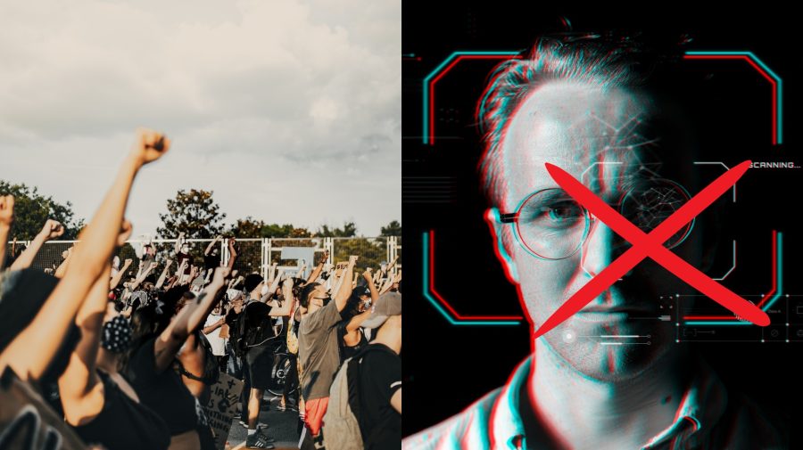 Ľudia dvíhajú ruky nad hlavu na proteste a skenovanie tváre muža
