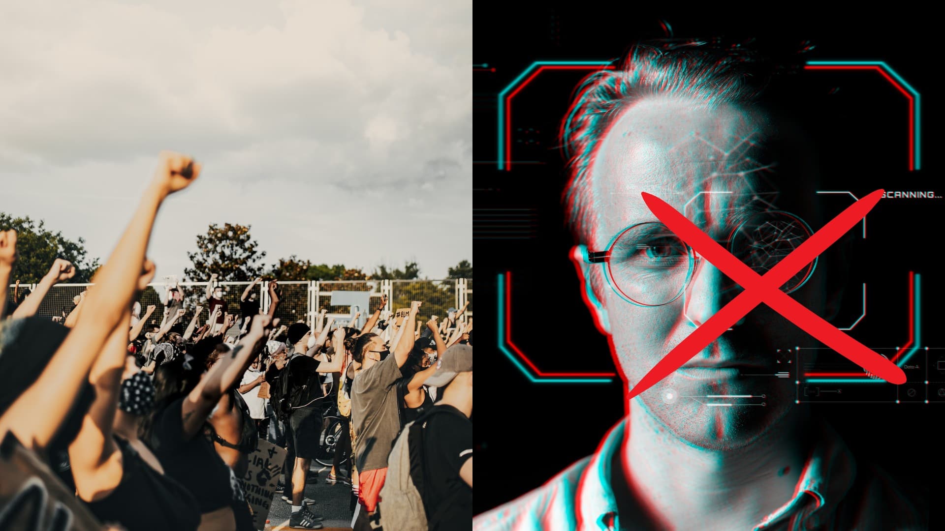 Ľudia dvíhajú ruky nad hlavu na proteste a skenovanie tváre muža