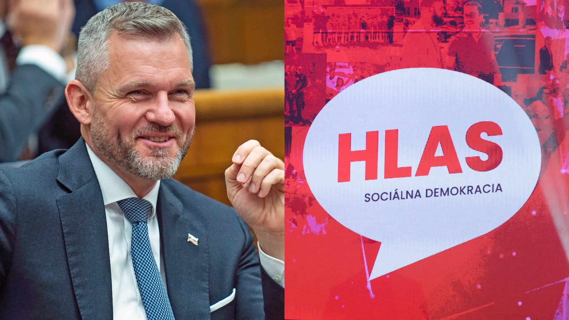 Peter Pellegrini sa usmieva v NR SR, zasadá v parlamente. Logo strany Hlas-SD, ktorej je predsedom