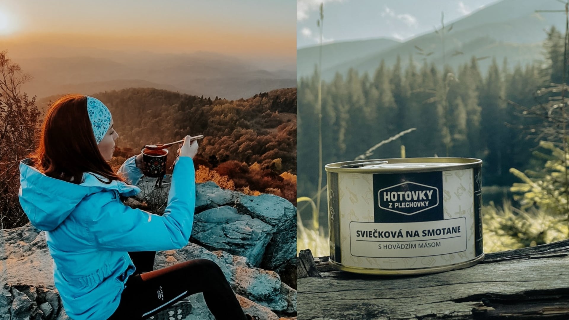 žena na túre a plechovka jedla