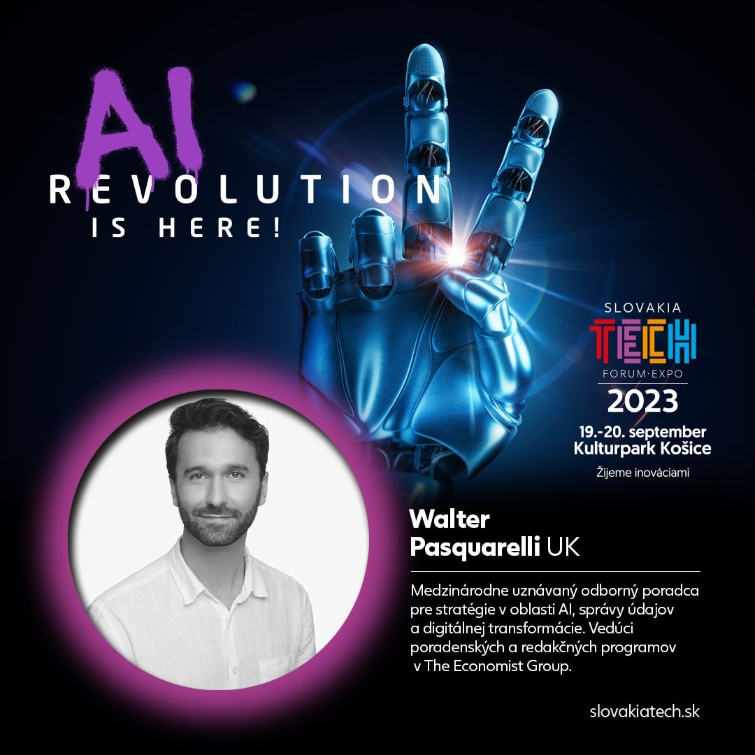 Walter Pasquarelli v Košiciach na SlovakiaTechu 2023 prezradí ako umelá inteligencia ovplyvní náš život.