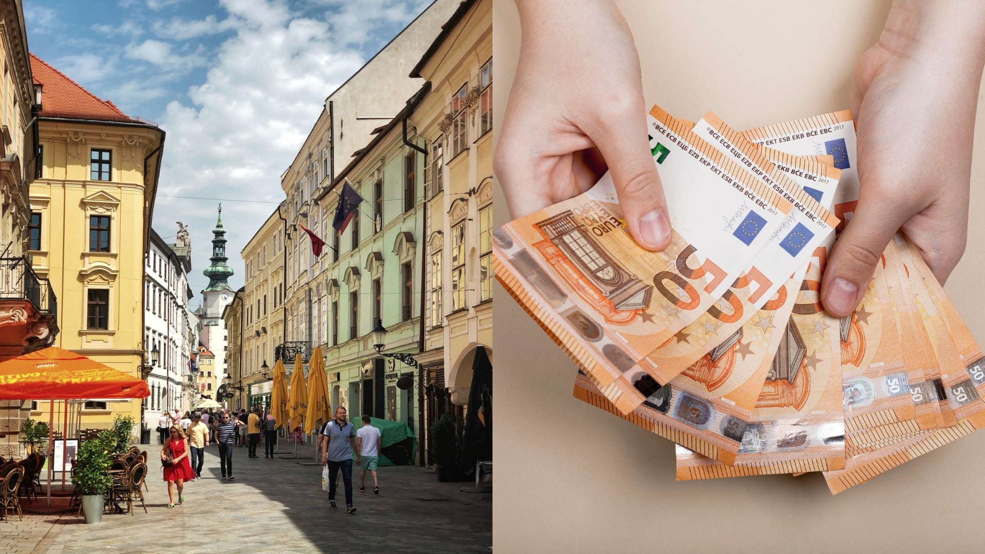 Ľudia v uliciach mesta a päťdesiateurovky v rukách.
