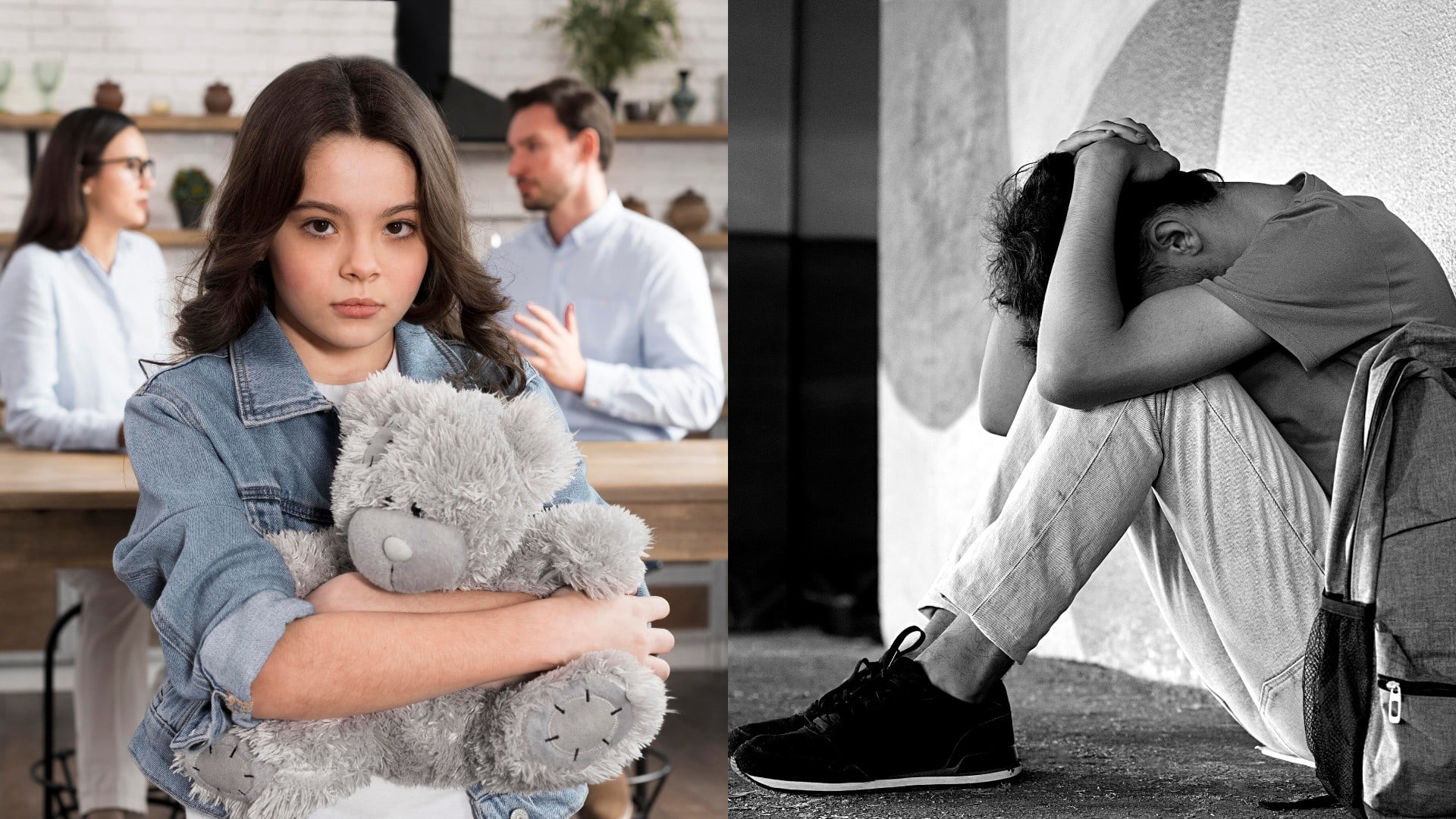 Dievčatko s medveďom v ruke a rodičia v pozadí a chlapec na zemi so sklonenou hlavou.