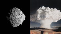 Asteroid a ukážka výbuchu atómovej bomby.