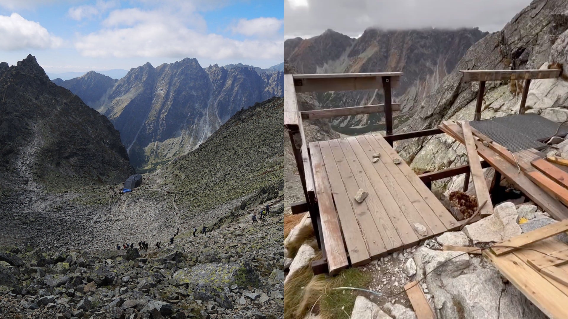Pohľad na tatranské kopce a zničená latrína pod Rysmi.