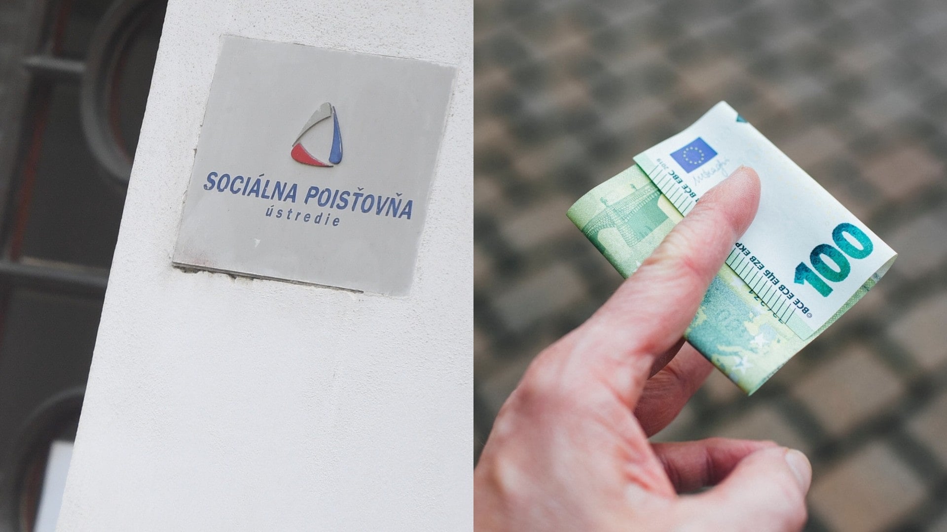 Pobočka sociálnej poisťovne a ruka so stoeurovou bankovkou.