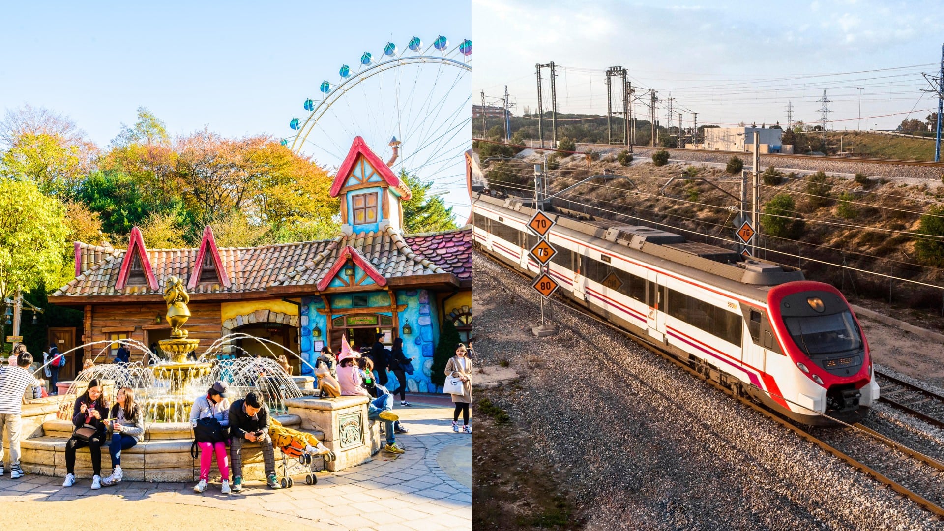 Ľudia v Disneylande a vlak na trati.