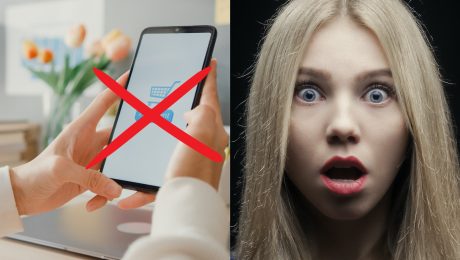 Ruky, ktoré držia mobil a žena s prekvapeným výrazom.