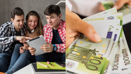 Mladí ľudia pozerajú spoločne do tabletu a peniaze.