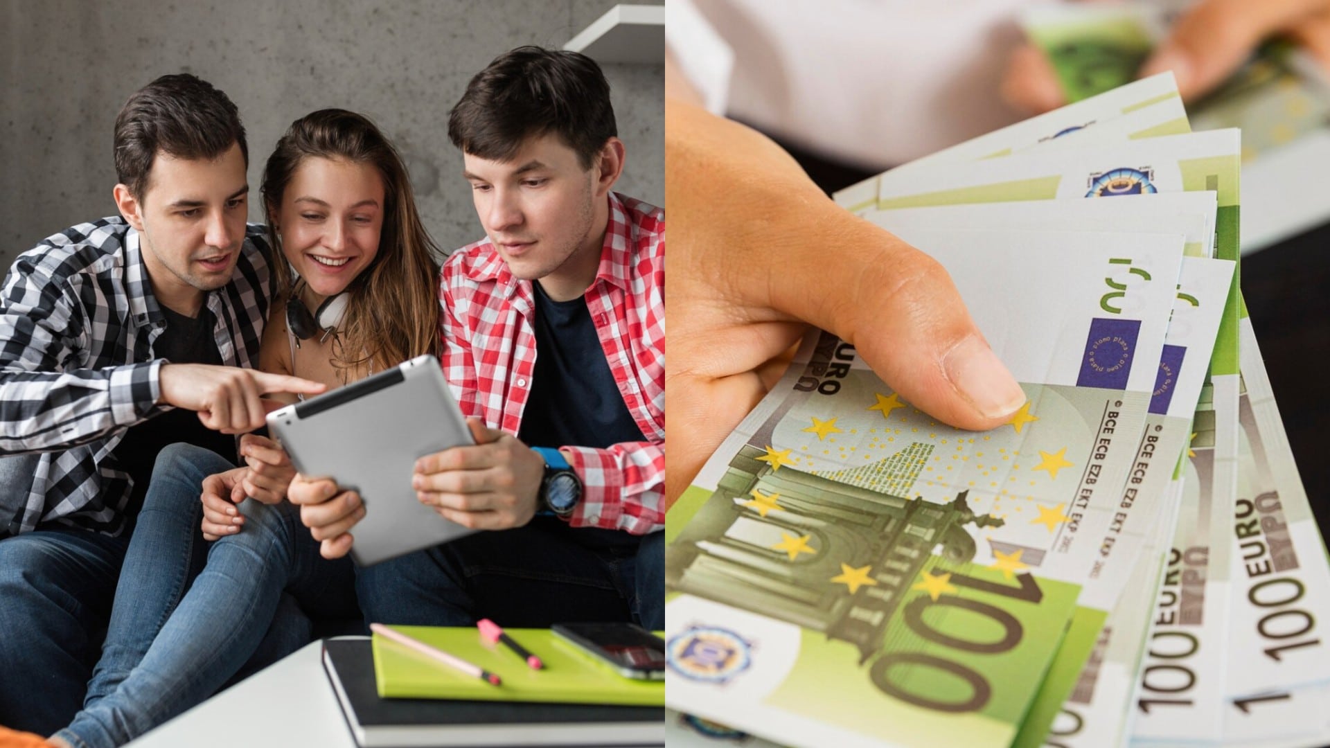 Mladí ľudia pozerajú spoločne do tabletu a peniaze.