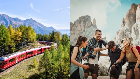 Vlak na trati a skupinka v horách.