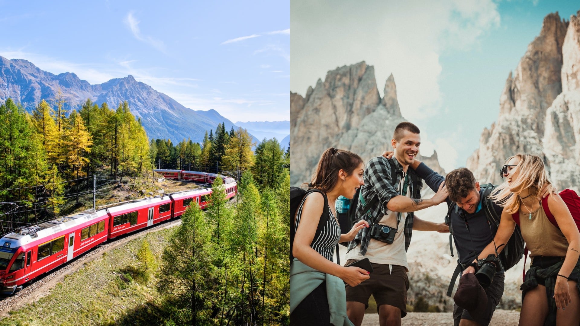 Vlak na trati a skupinka v horách.