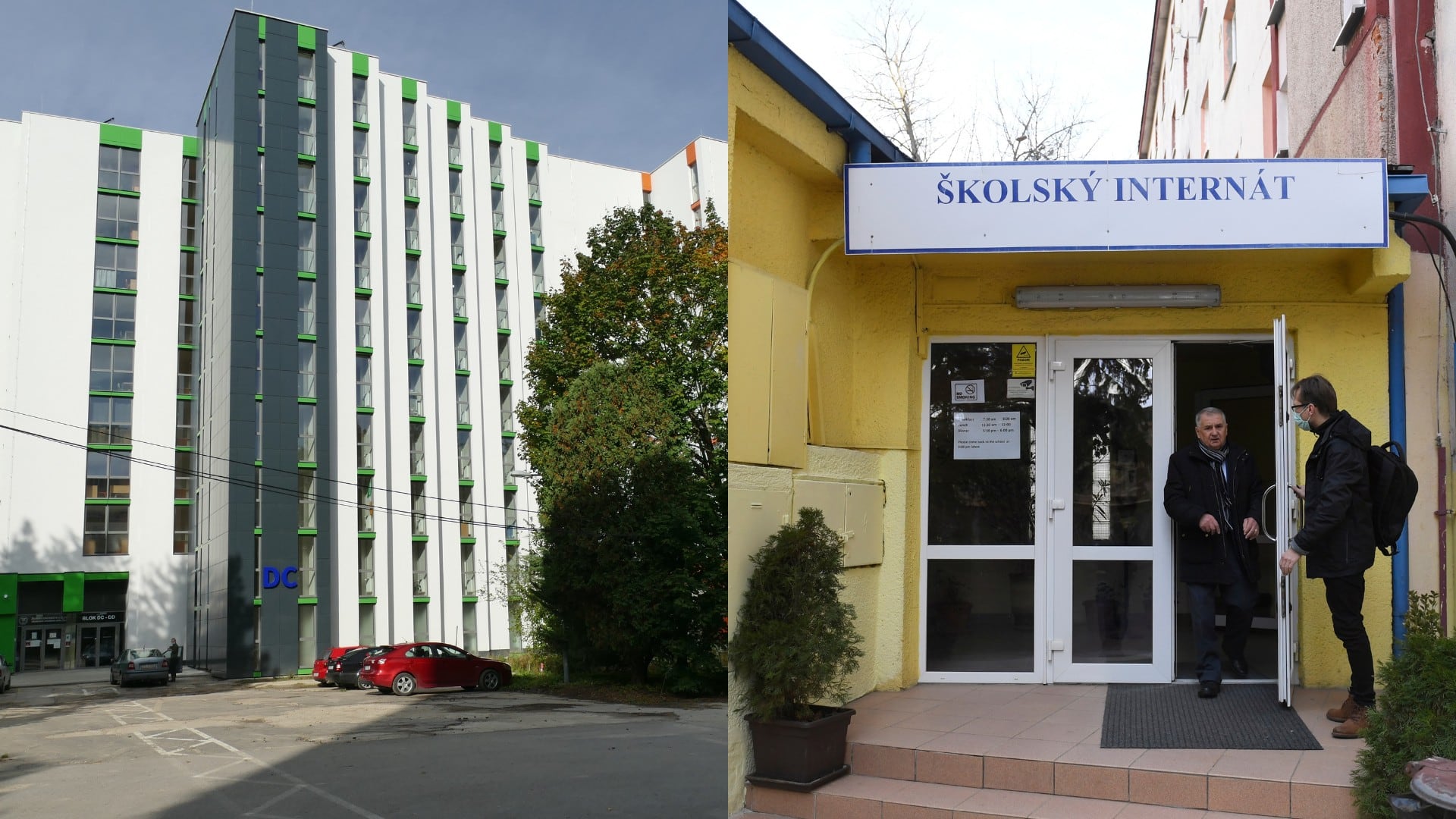 Internát v Žiline a ľudia pred vchodom do ubytovania.