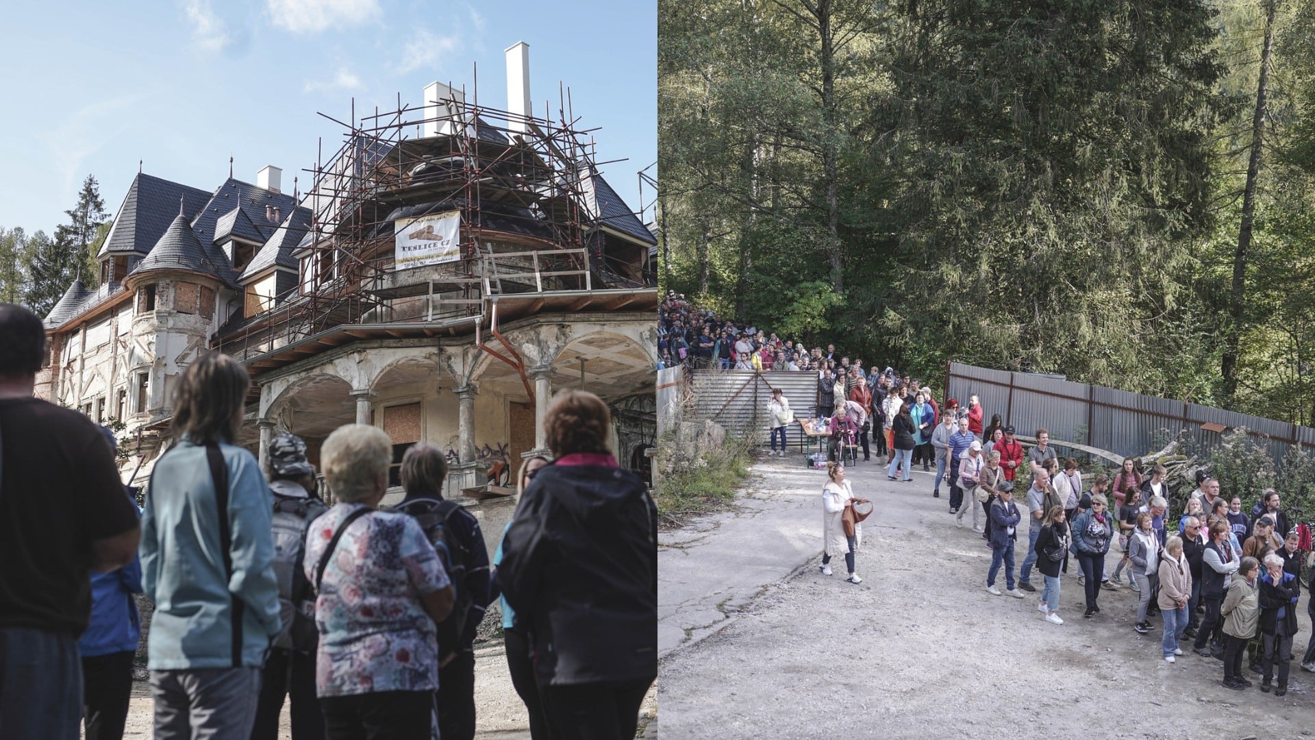 Rekonštrukcia zámku Kunerad a ľudia v rade pred zámkom.