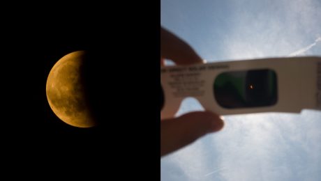 Čiastočné zatmenie Mesica a jeho pozorovanie cez špeciálne okuliare.