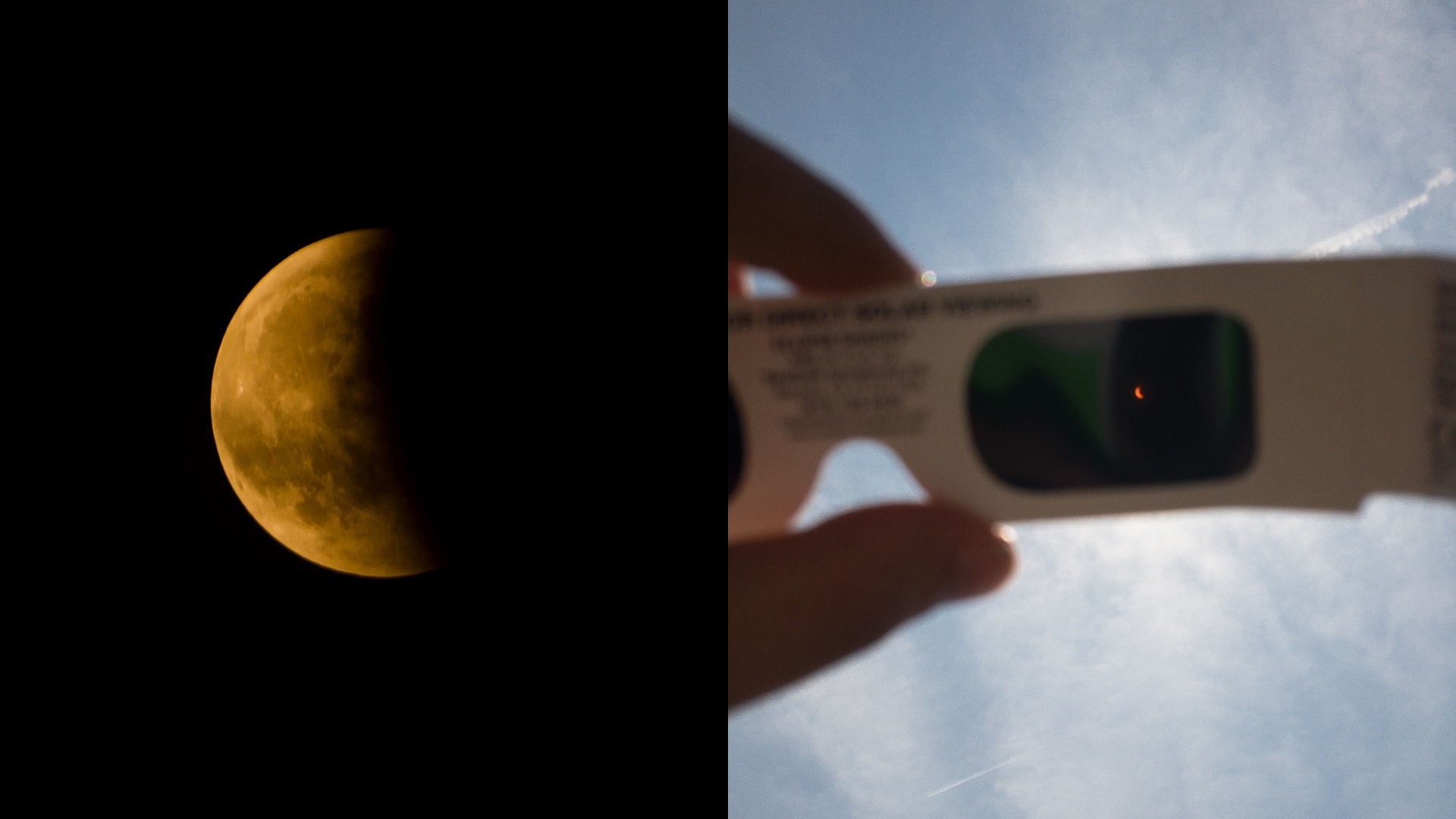 Čiastočné zatmenie Mesica a jeho pozorovanie cez špeciálne okuliare.