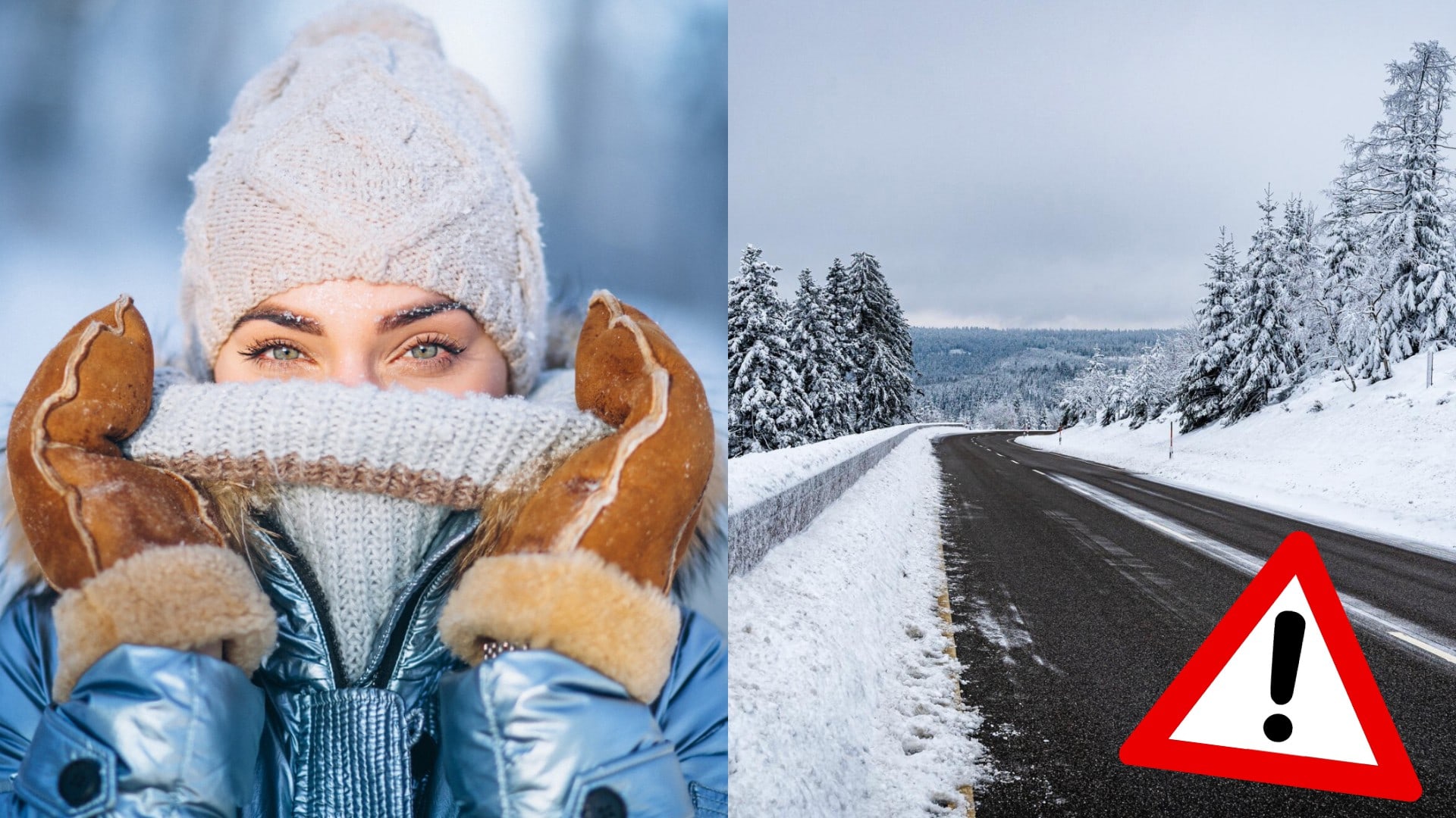 Žena zabalená v zimnom oblečení a so zmrznutým obočím. Odhrnutá cesta.