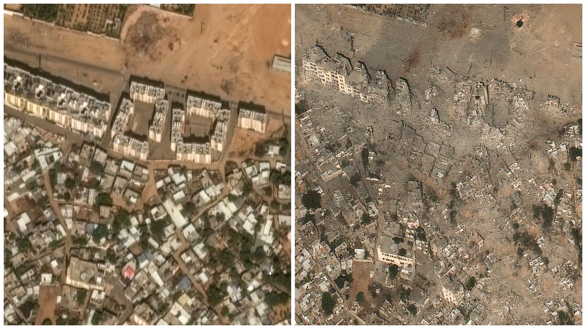 poškodenie budov a stavieb po bombardovaní v štvrti Izbat Beit Hanoun na severe Gazy