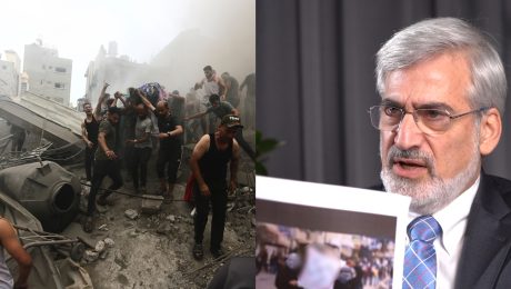 Vojna v Izraeli, veľvyslanec Izraela na Slovensku Eitan Levon ukazuje snímku, na ktorej teroristi Hamasu držia plagát s nacistickým symbolom