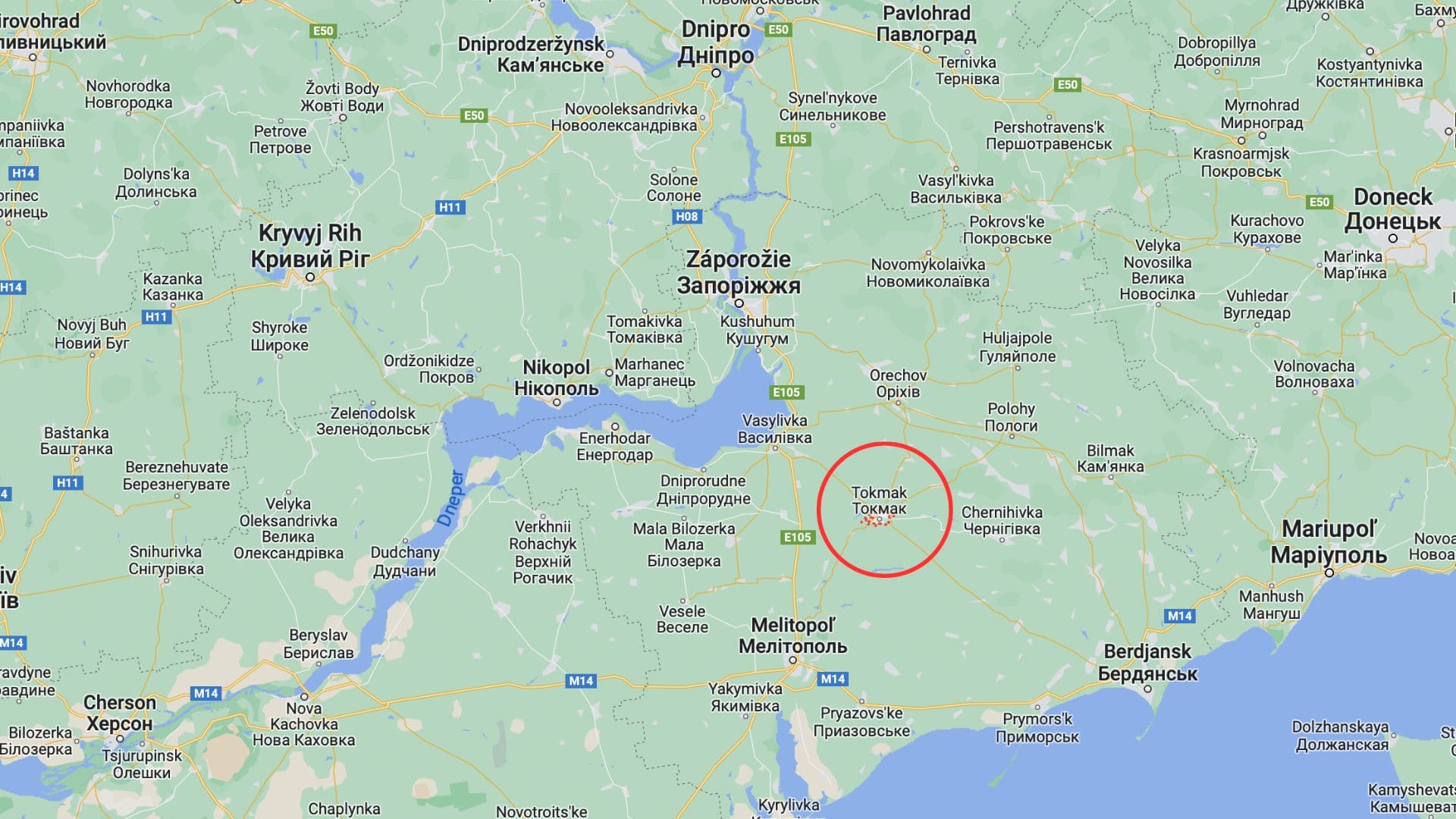 Mapa Ukrajiny, vyznačené mesto Tokmak