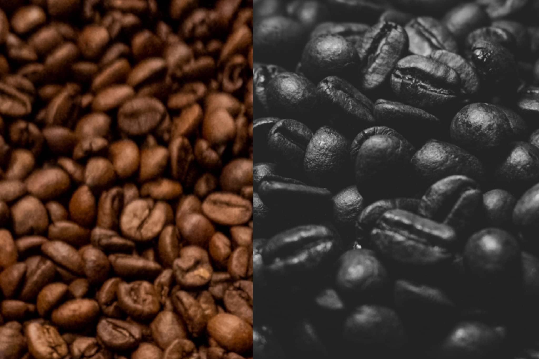 Na obrázku možno vidieť rozdiel medzi dokonale upraženou kávou (vľavo) a prepraženou