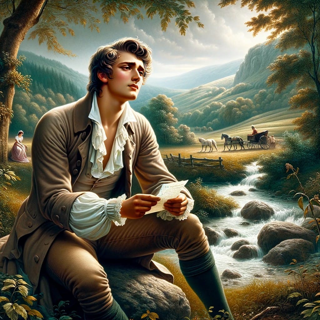 DALL·E 2023-11-10 15.16.13 – A classic, romantic scene illustrating ‚The Sorrows of Young Werther‘ (Die Leiden des Jungen Werther) by Johann Wolfgang von Goethe. The image feature