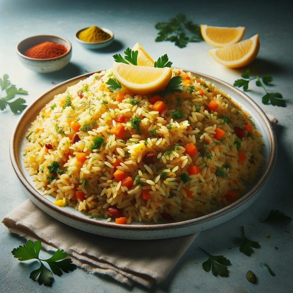 DALL·E 2023-11-15 15.00.52 - A beautifully presented plate of pilaf, a traditional rice dish. The image shows a large, round, white plate filled with steaming pilaf, which is rich