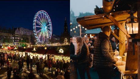 Vianočné trhy v Edinburghu a muž pri stánku.