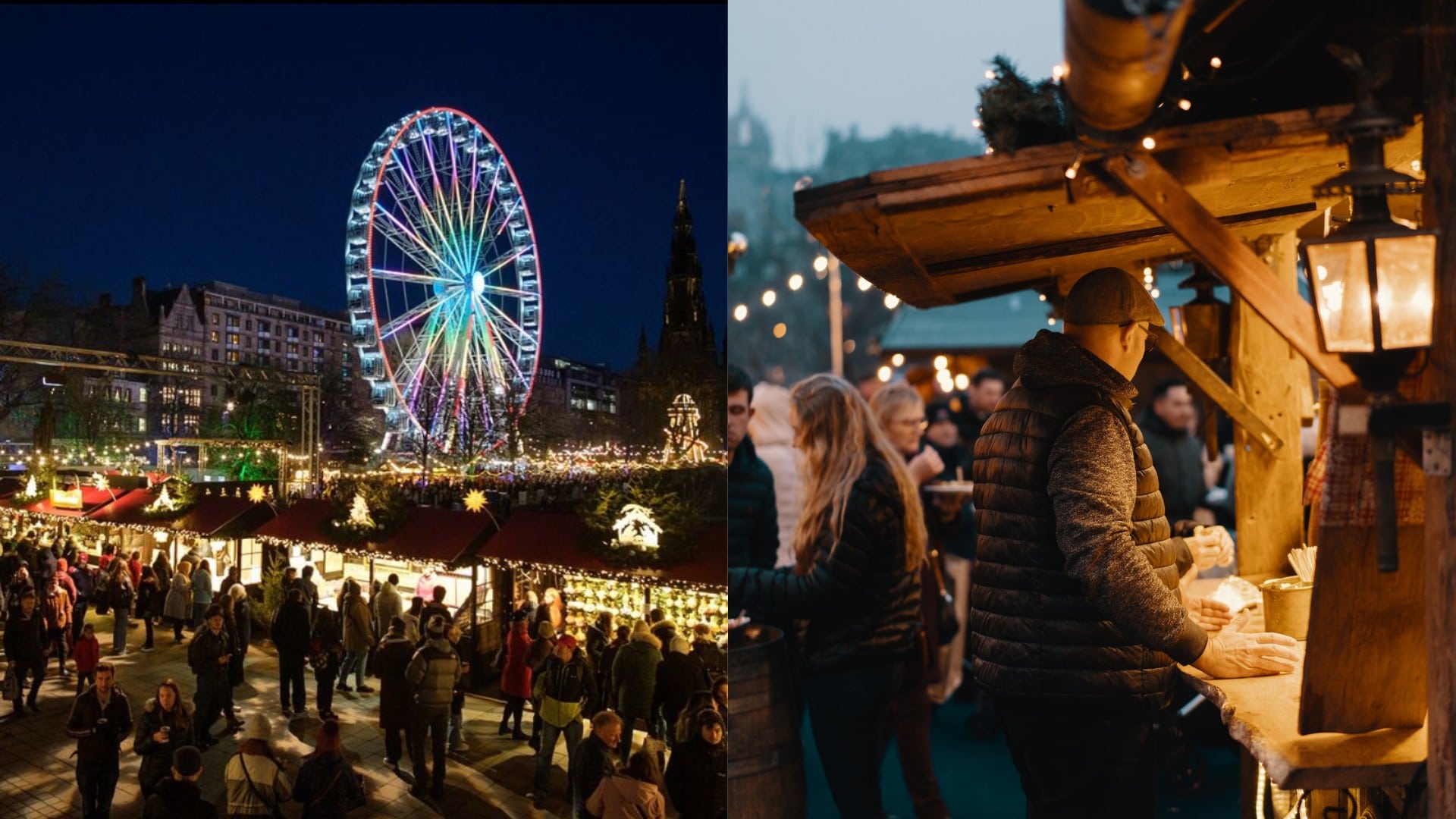 Vianočné trhy v Edinburghu a muž pri stánku.