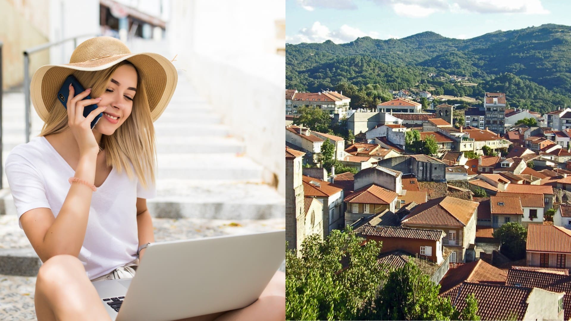 Žena, ktorá telefonuje a pracuje na notebooku. Pohľad na taliansku dedinku.