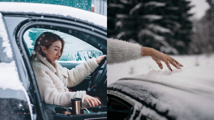 Žena v aute cez zimu a ruka, ktorá chytá sneh.