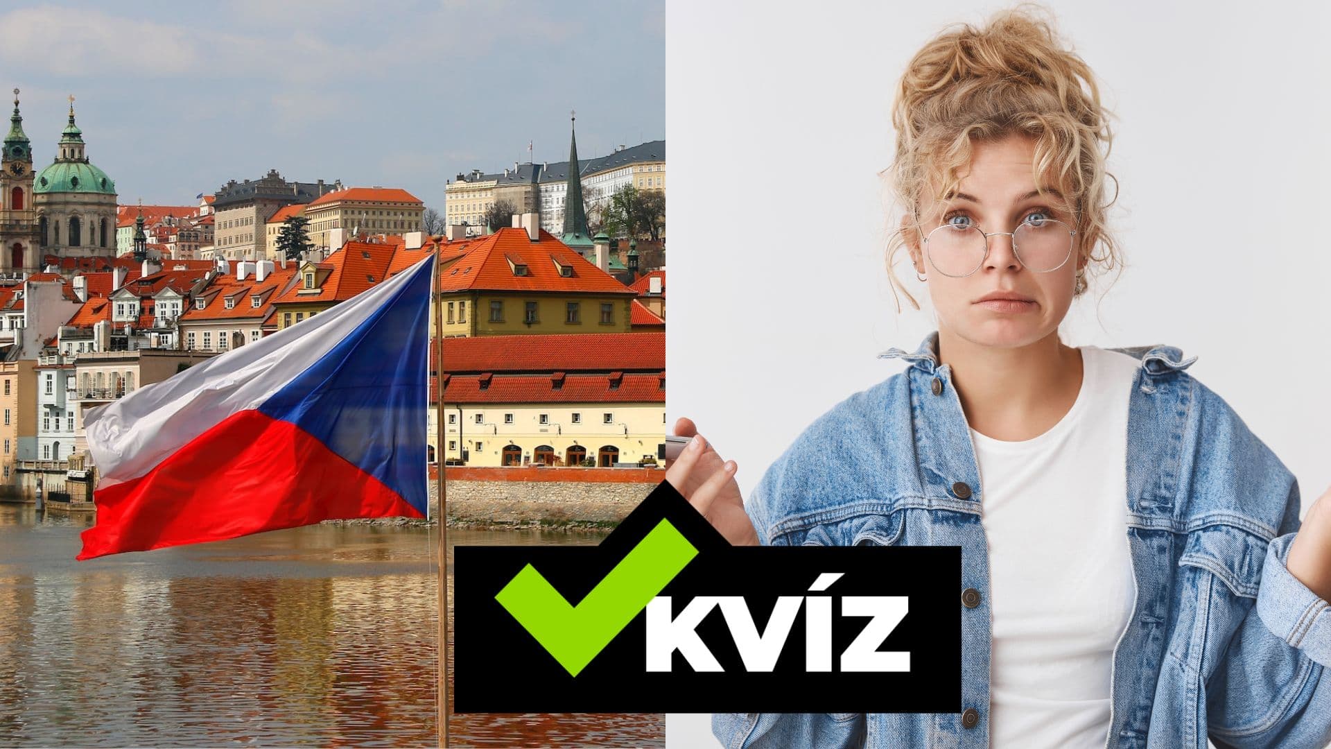 Pohľad na Prahu a českú vlajku. Žena v okuliaroch so zmäteným výrazom.