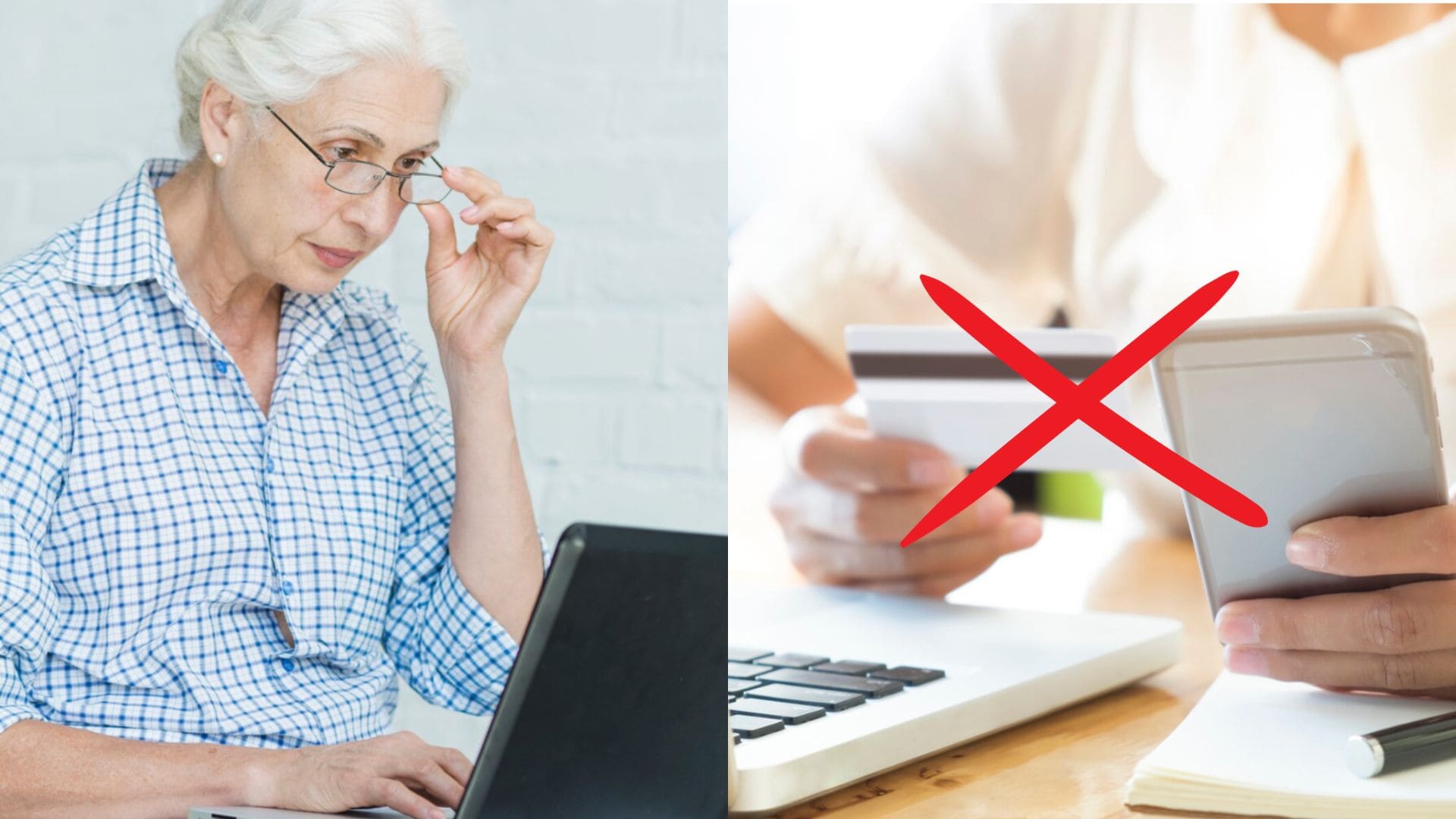 Dôchodkyňa za notebookom a kreditná karta.