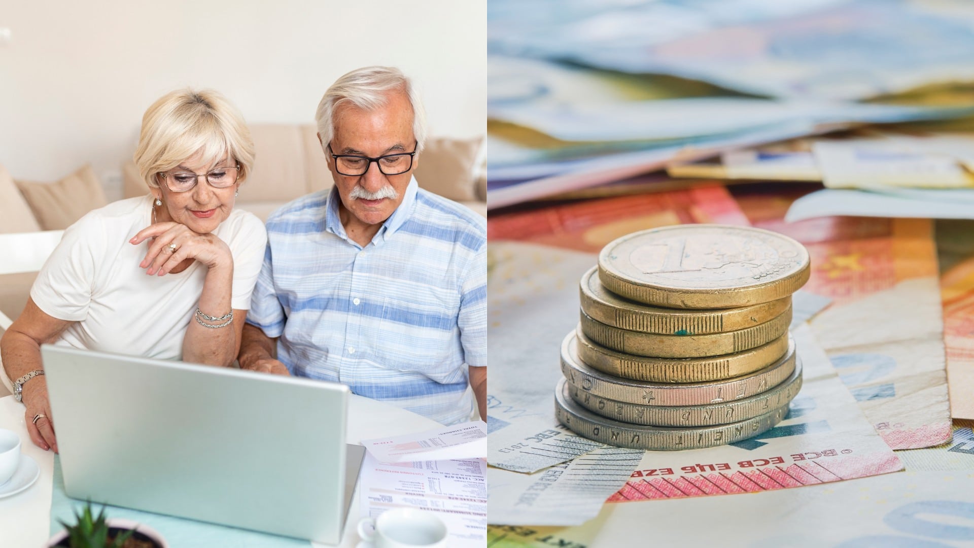 Starší muž a žena spoločne hľadia do notebooku a peniaze.