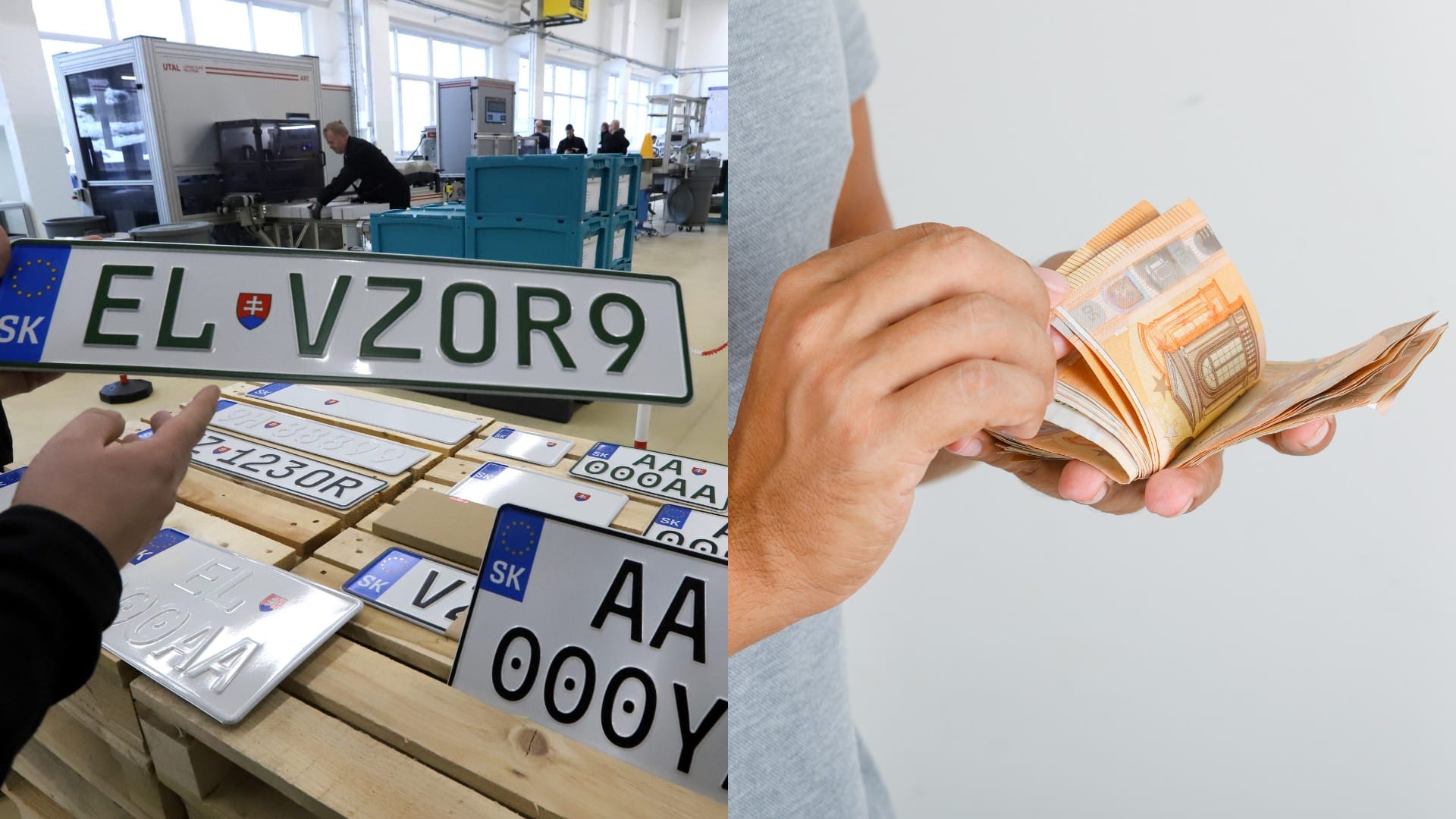 Tabuľky ečv vo výrobe a peniaze v ruke.