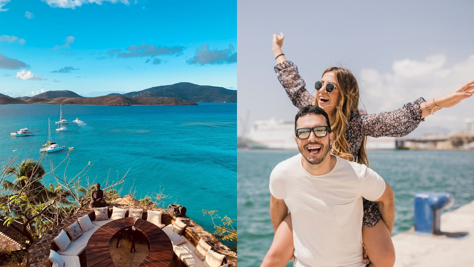 Pohľad na Britské panenské ostrovy a muž a žena sa spoločne zabávajú.