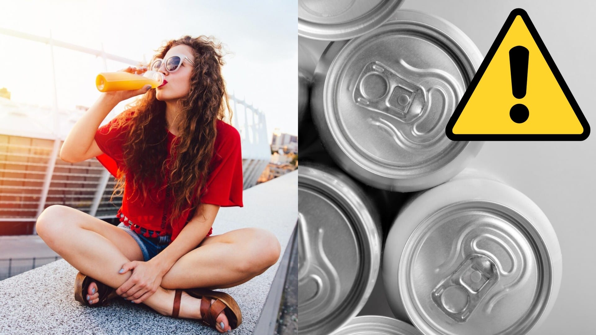 Žena v slnečných okuliaroch sedí na múriku a pije limonádu. Plechovky.