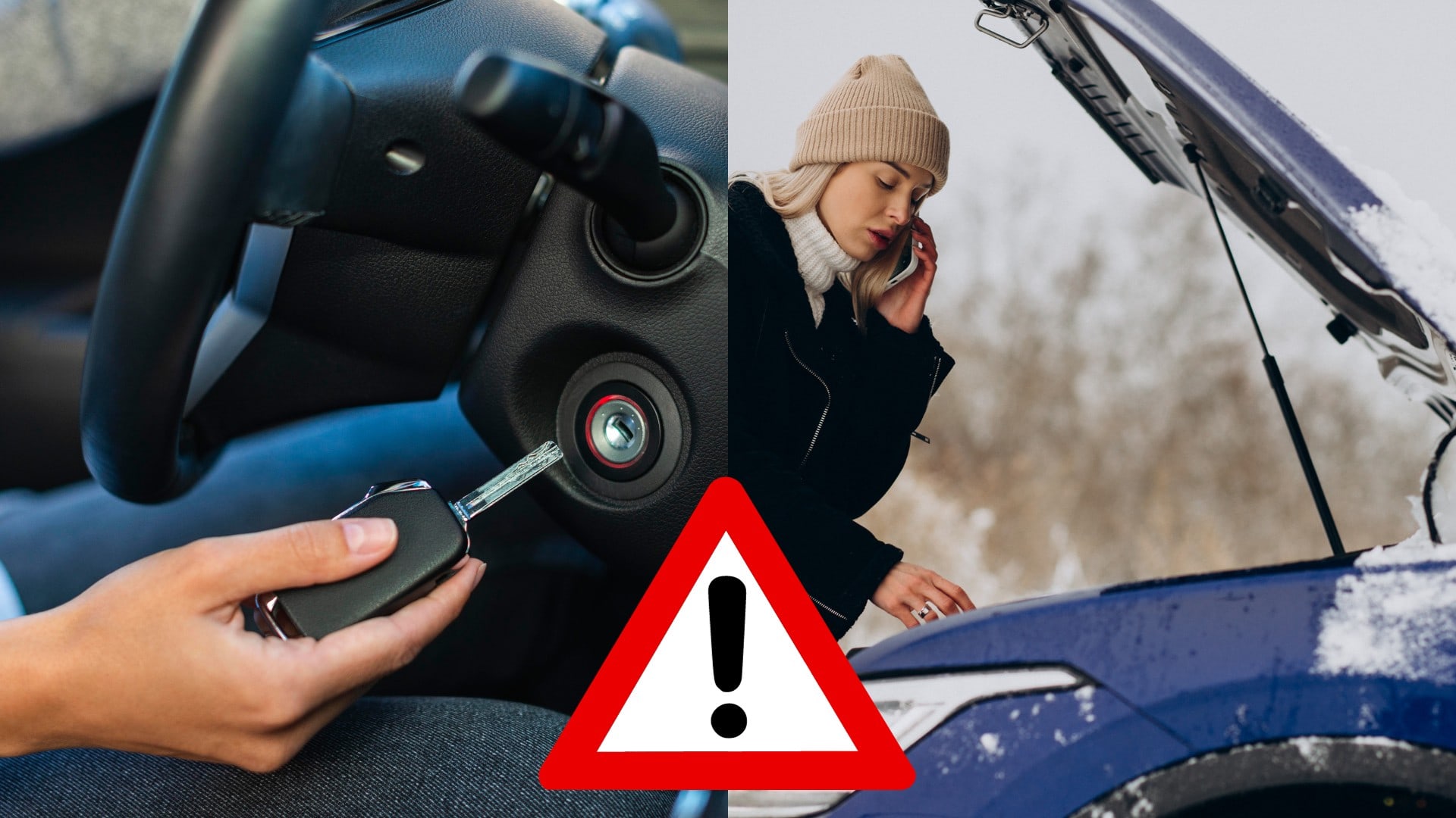 Ruka s klúčikom od auta a žena s telefónom pri uchu pozerá pod kapotu auta.