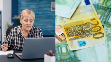 Žena za notebookom a peniaze.