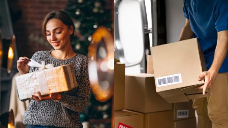 Žena si rozbaľuje darček a kuriér s balíkom.