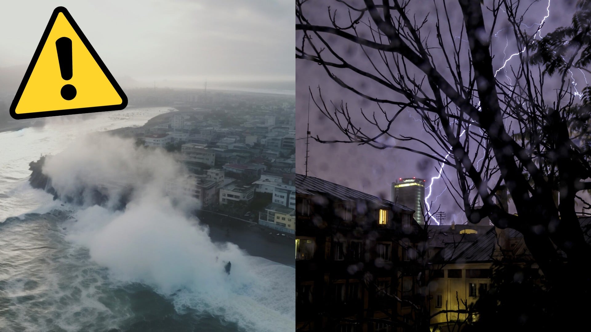 Vlny narážajú o pobrežie a blesk.