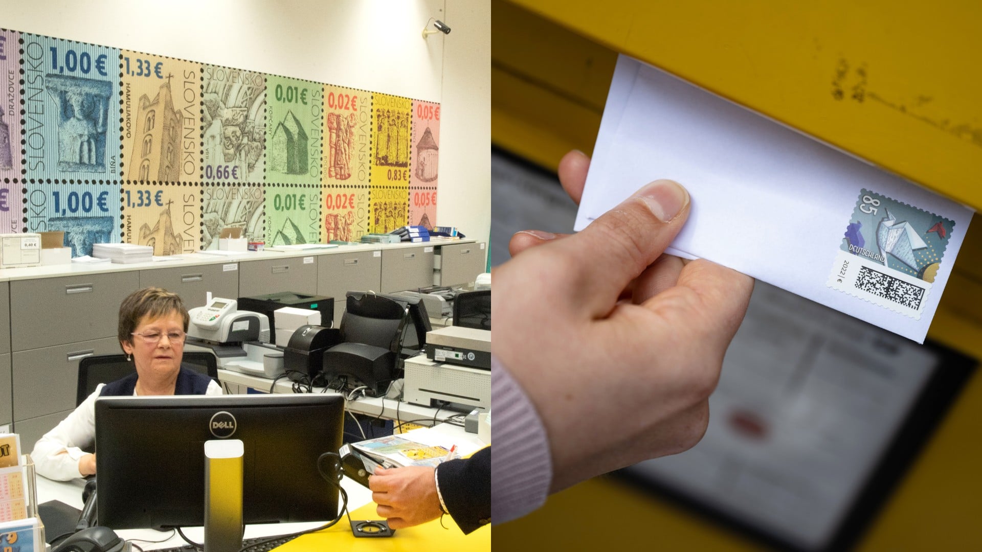 Zamestnankyňa pošty a ruka, ktorá dáva list do schránky.