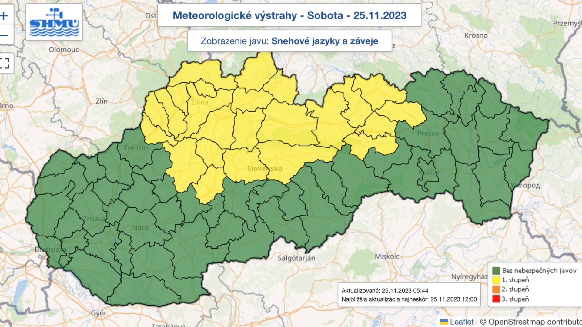 Na snímke je mapa Slovenska s výstrahami od SHMÚ