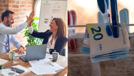 Na snímke sú šťastní ľudia a peniaze